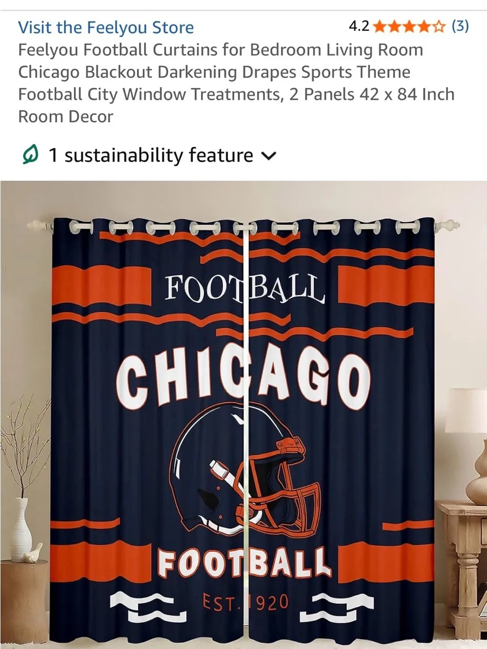 Chicago Football Black and Orange Blackout Curtains 42x84